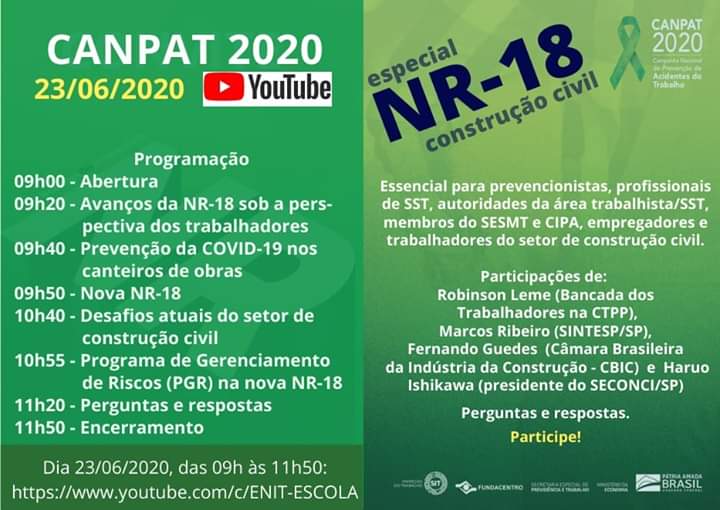 CANPAT/2020,Conheça a nova NR-18 (Construção Civil) e sua interação com o Programa de Gerenciamento de Riscos (PGR).