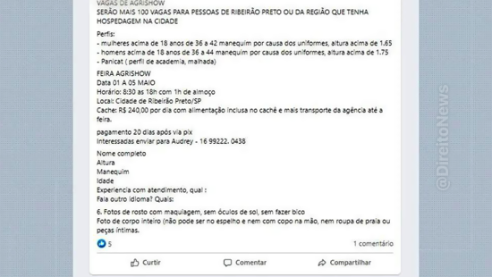 Anúncio de vaga viraliza ao exigir mulheres com perfil ‘panicat’ para trabalhar em SP